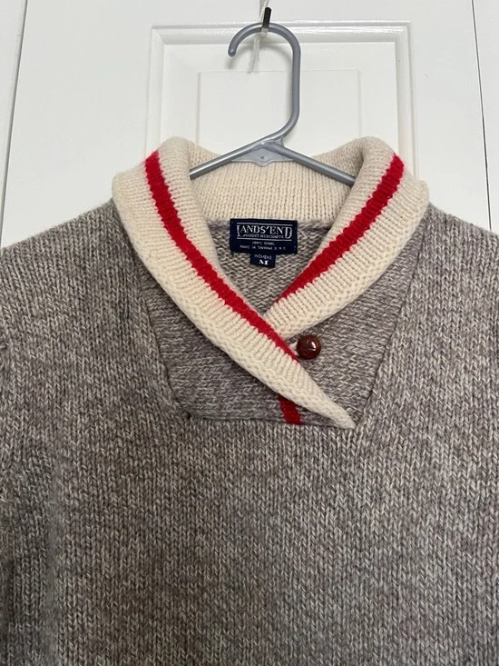 Lands' End Women’s Taupe Shawl Collar Sweater with Cream and Red Trim Size M - Picture 3 of 4
